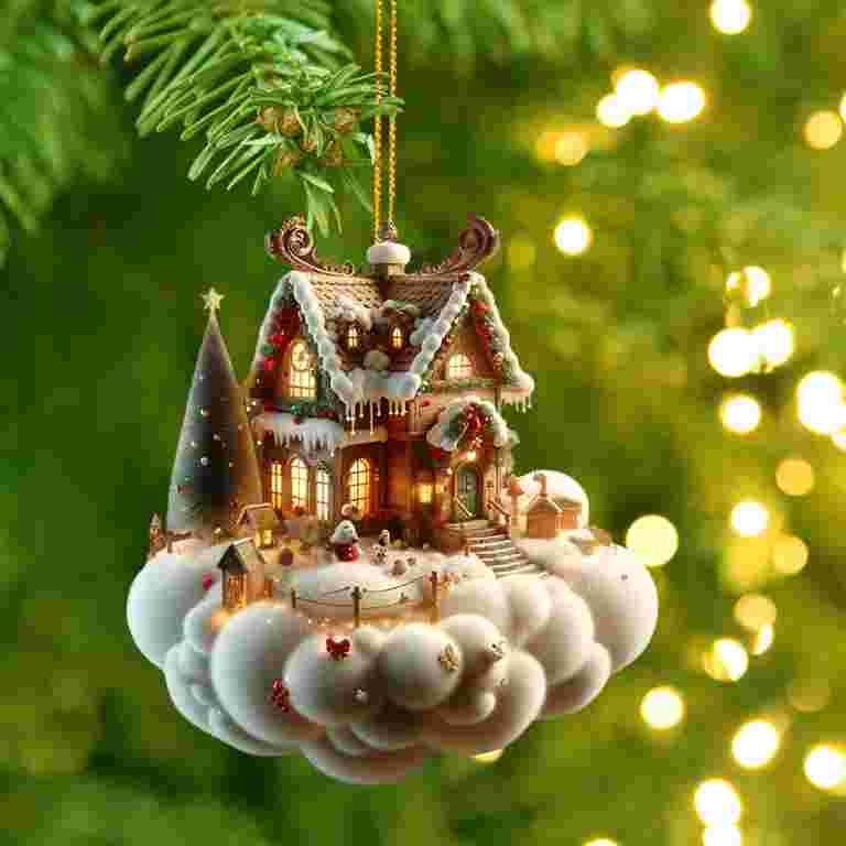 Log Cabin Ornament with Rustic Bark Finish and Snow Dusted Roof