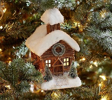 Log Cabin Ornament with Snow Capped Chimney for Lodge Decor