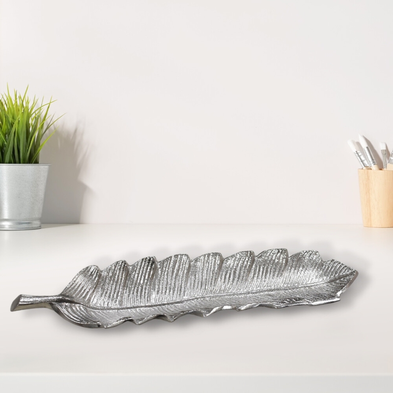 Long Decorative Tray Silver Hammered Aluminum Elongated Form