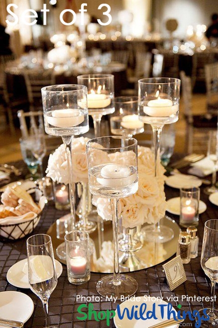 Long Stem Glass Candle Holders Cylinder Top Tiered Set Minimalist Decor