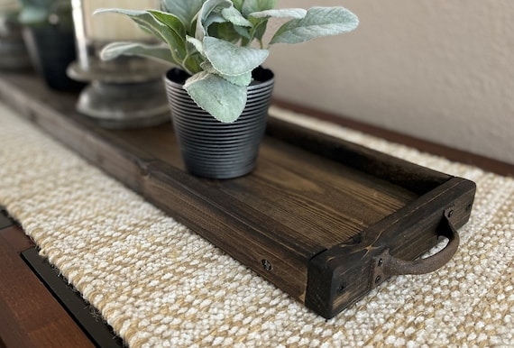 Long Wood Decorative Tray with Dark Distressed Finish and Metal Handles