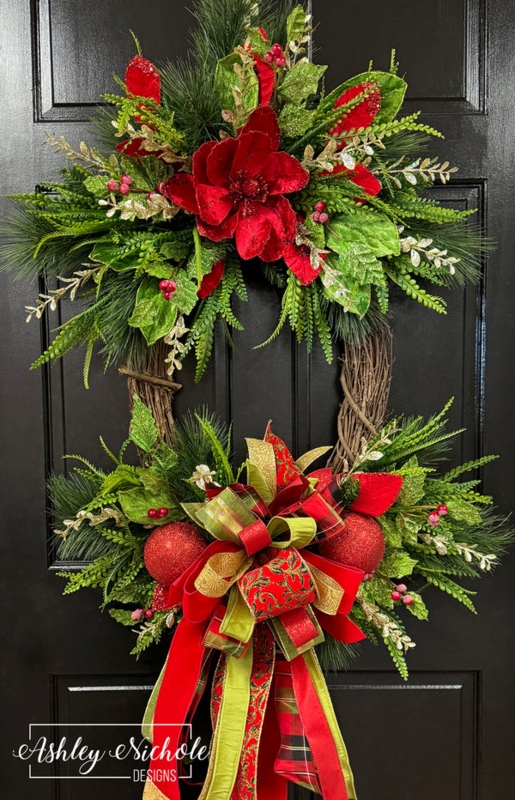 Magnolia Holiday Wreath with Plaid Bow and Red Berries