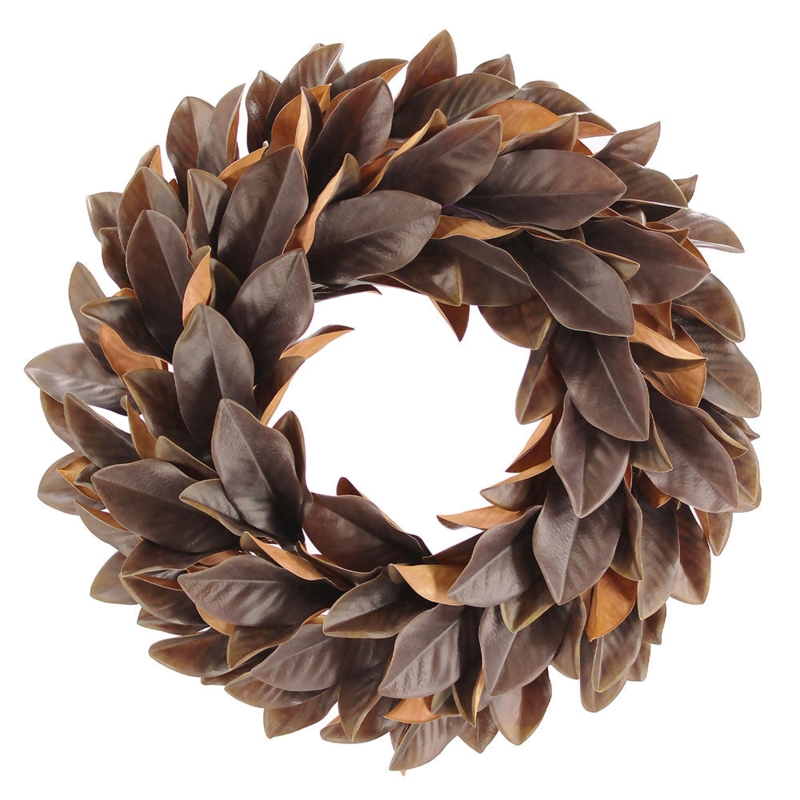 Magnolia Leaf Wreath, Brown Tonality and Faux Foliage, Warm Natural Style