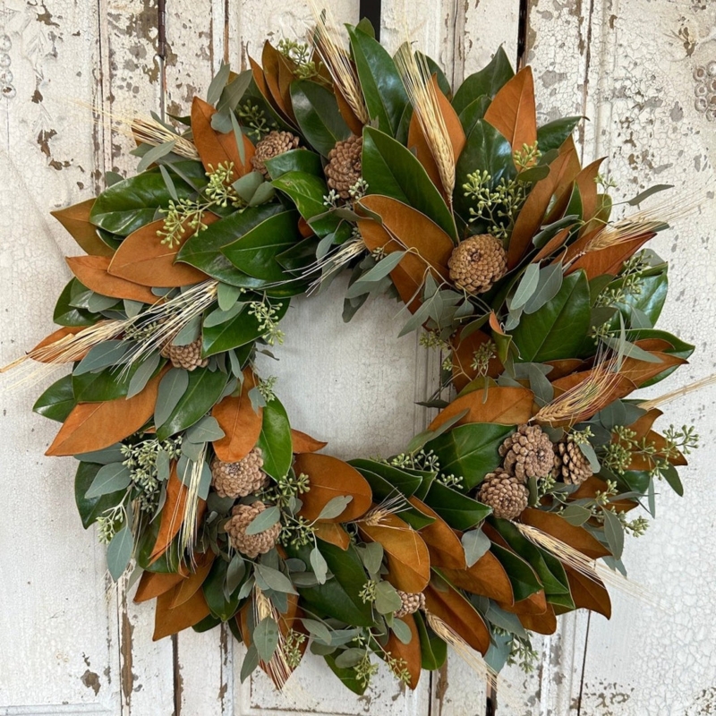 Magnolia Wheat Fall Wreath with Dried Stalk Accents, Harvest Decor