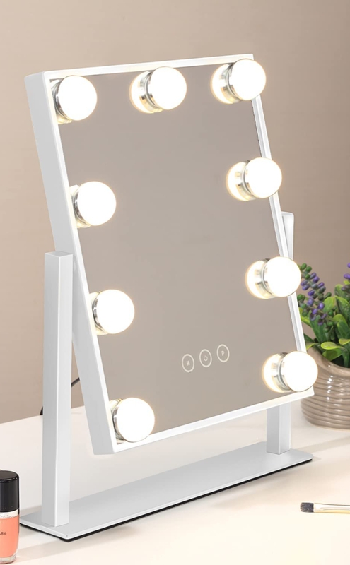 Makeup Mirror Tri-Fold LED Lighting White Plastic Storage Base