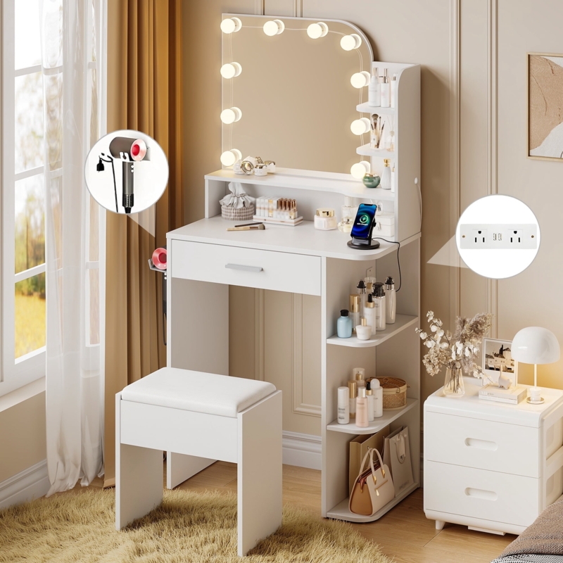 Makeup Vanity Set White Integrated Power Outlet Gold Metal Legs