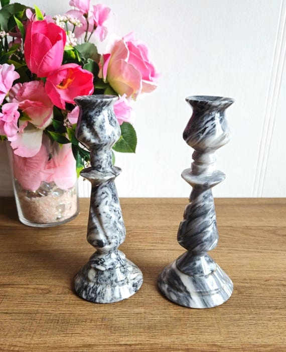Marble Candle Holders Dark Gray White Veining Tiered Pedestal