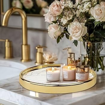Marble Veining Round Decorative Tray Gold Rim Spherical Feet