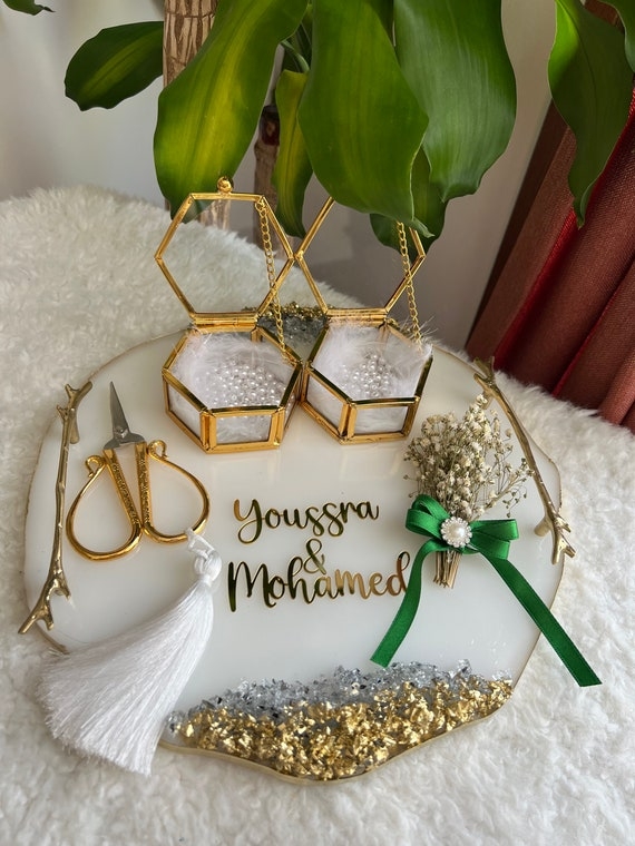 Marbled Resin Decorative Tray Set with Gold Lettering and Handles.