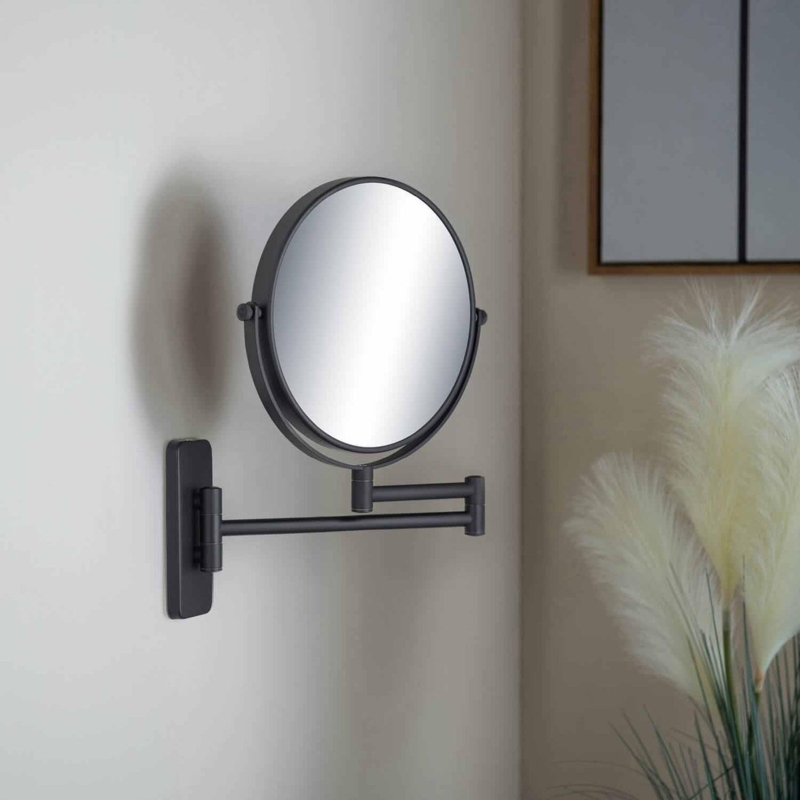 Matte Black Magnifying Mirror, Adjustable Swing Arm, Wall Mount