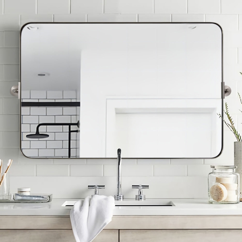 Matte Black Pivot Mirror Rounded Corners, Rectangular Bathroom Vanity
