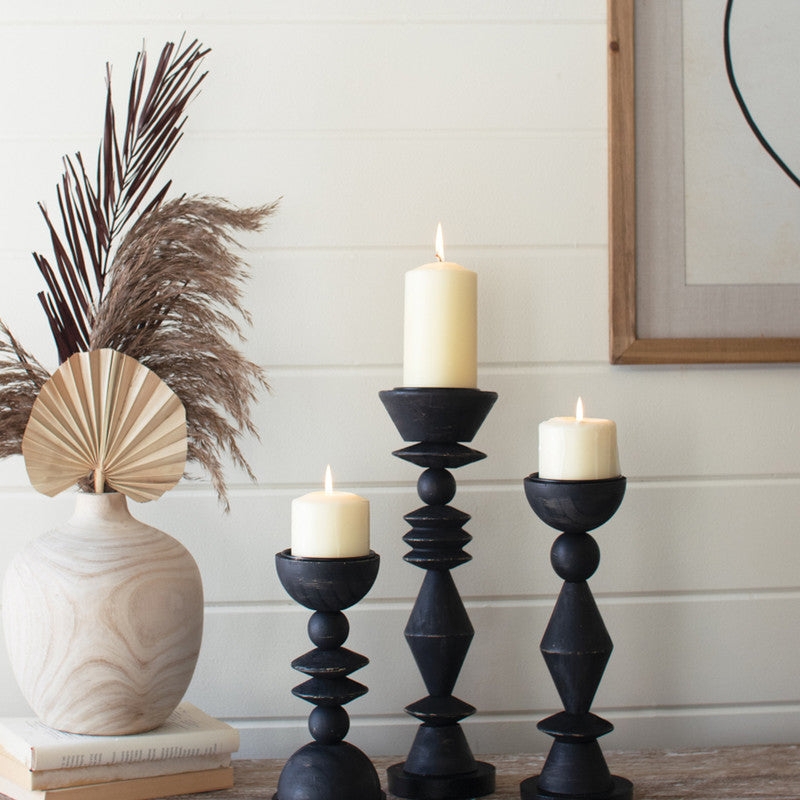 Matte Black Turned Wood Candle Holder Set for Modern Farmhouse Mantel
