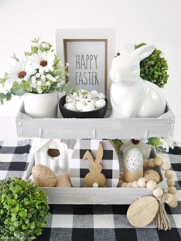 Matte Black Two-Tiered Tray with Wood Bead Accent, Farmhouse