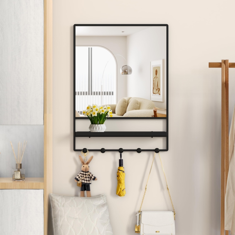 Matte Black Wall Mirror with Integrated Shelf and Hooks Modern Farmhouse