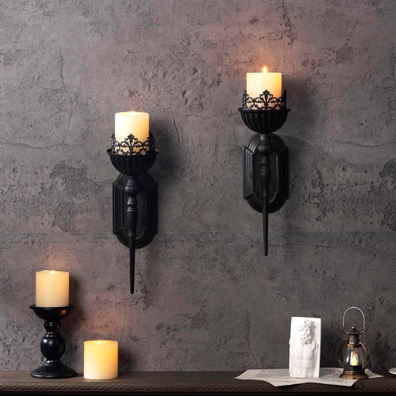 Matte Black Wall Sconces, Gothic Crown and Scepter Motif Set