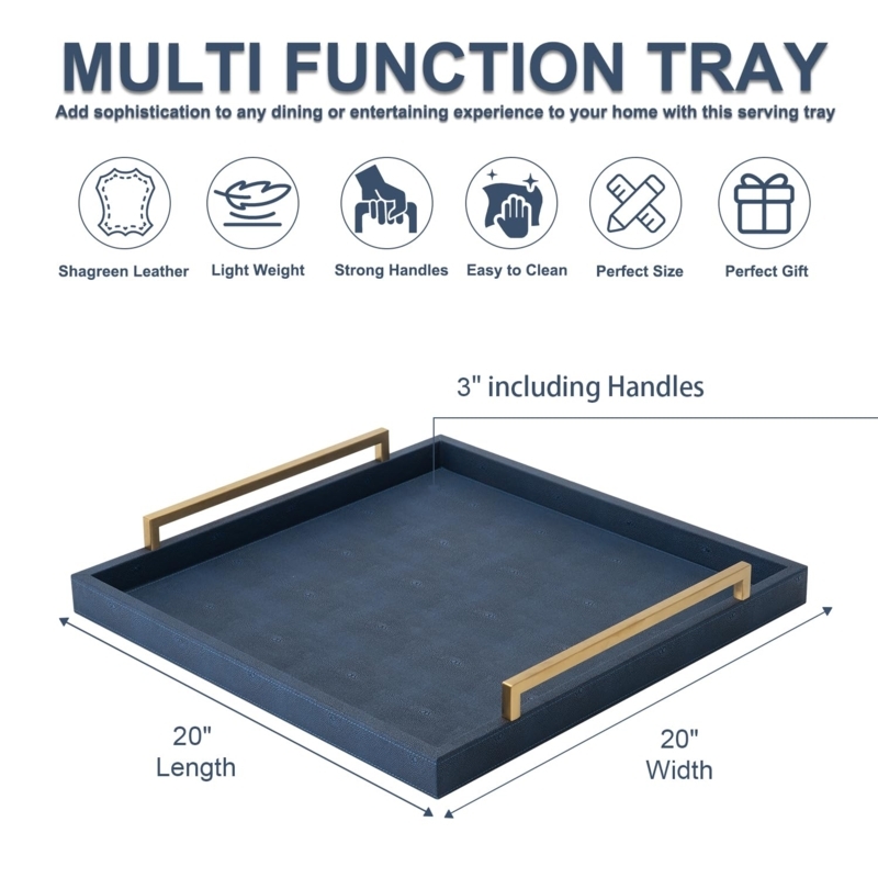 Matte Blue Decorative Tray Rectangular Integrated Handles Low Profile