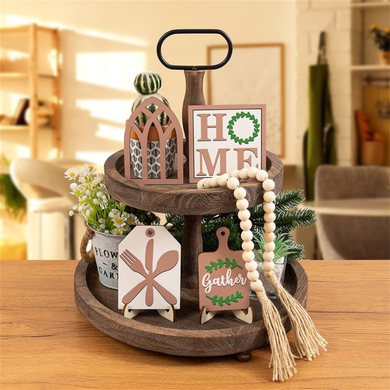 Matte Grey Wood Tiered Tray Set with Farmhouse Typography Accents
