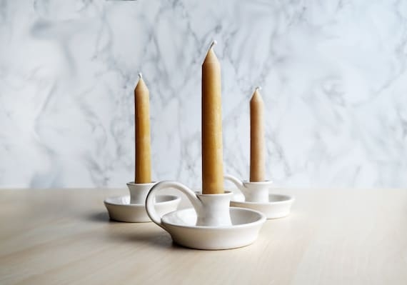 Matte White Ceramic Taper Candle Holder, Finger Loop Handle & Saucer Base