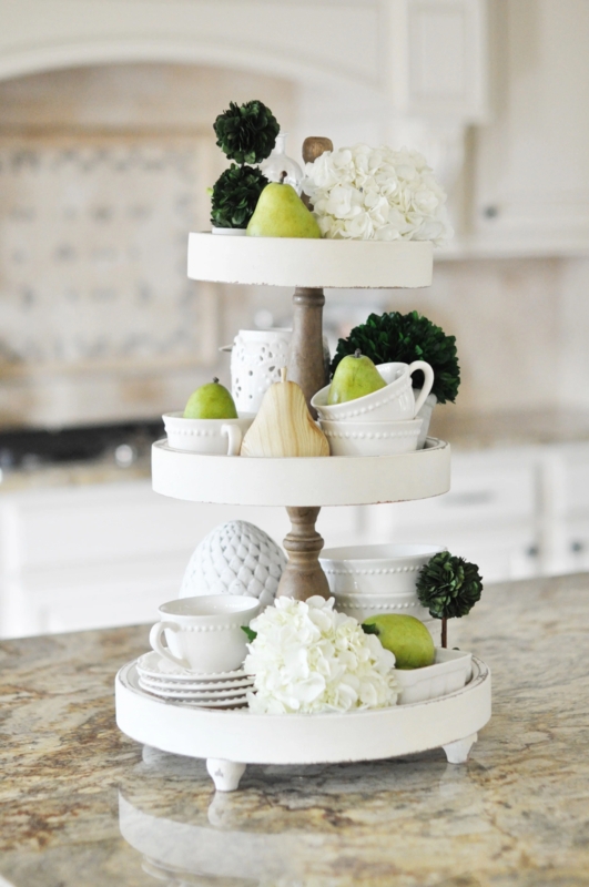 Medium Wood Three Tiered Tray Kitchen Centerpiece with Ceramic Birds