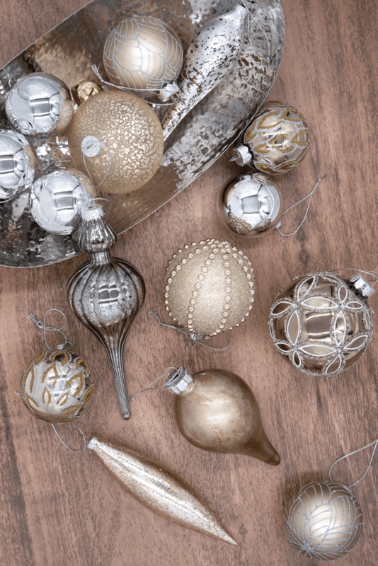 Mercury Glass Holiday Table Display Mixed Metal Ornaments Set