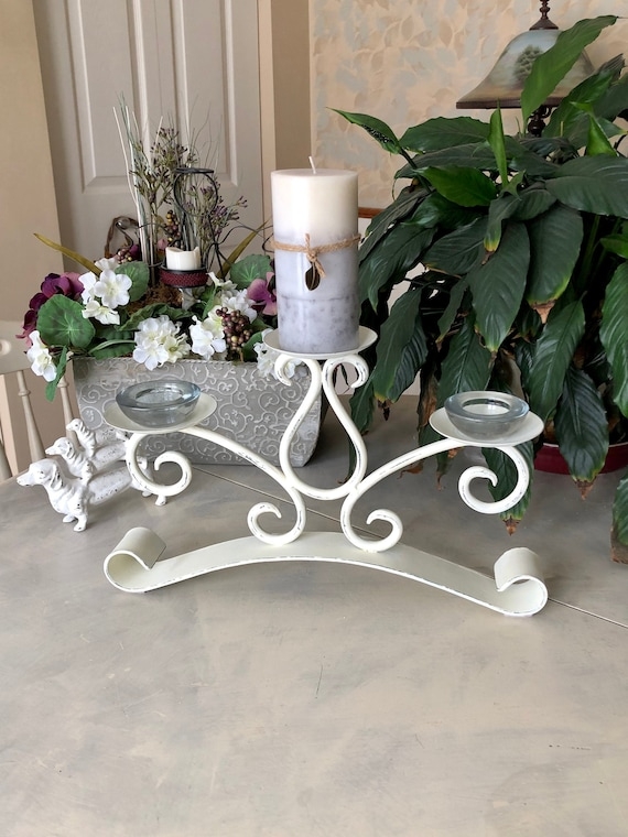 Metal Candelabra with Ornate Scrollwork, Distressed Finish