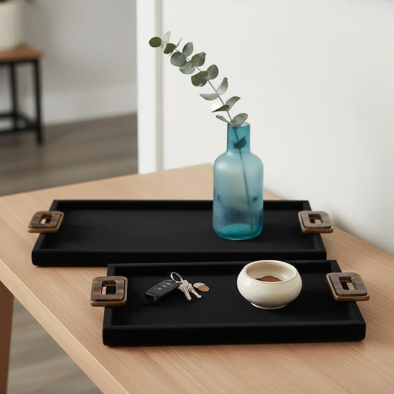 Metal Decorative Tray Set featuring Perforated Mesh and Wood Handles