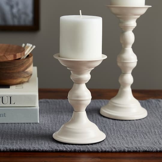 Metal Pillar Candle Holder, Cream Turned Spindle Pricket Top