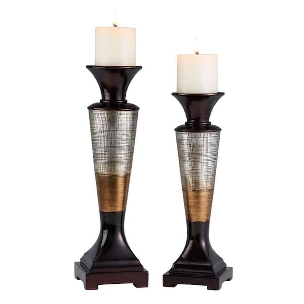 Metallic Pillar Candle Holder Set, Hammered Texture Midsection, Dark