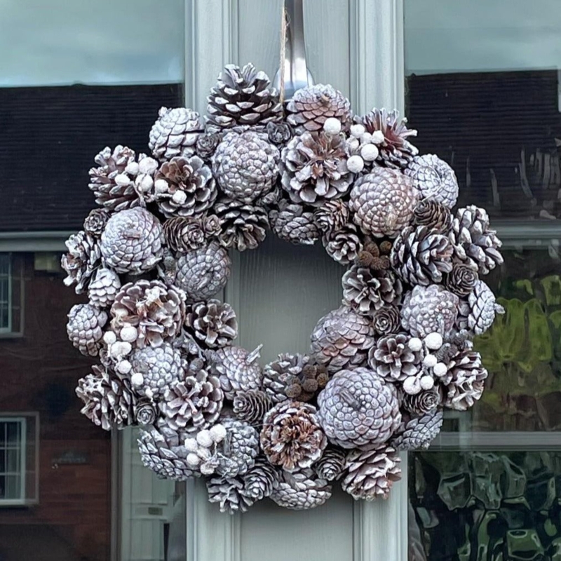 Metallic Silver Pinecone Wreath Shimmering Texture Glam Holiday