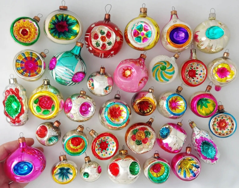 Mid-Century Glass Ornaments with Hand-Painted Indent Reflectors