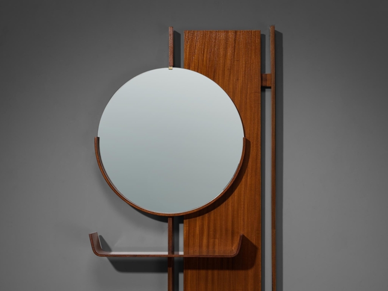 Mid-Century Modern Wall Mirror with Integrated Shelf and Rounded Corners