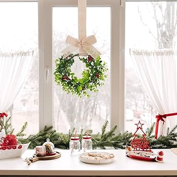 Mini Christmas Wreaths with Red Ribbons for Kitchen Cabinet Decor