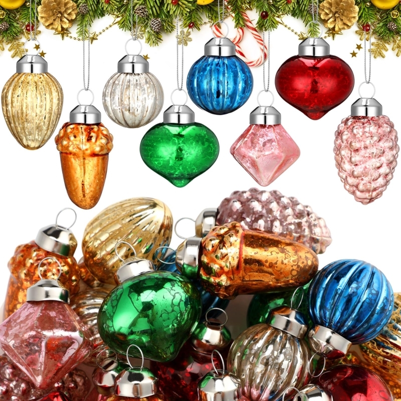 Mini Mercury Glass Ornaments Set with Distressed Metallic Finish