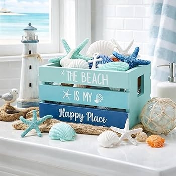 Mini Whitewashed Decorative Crate with Starfish and Sea Glass Blocks