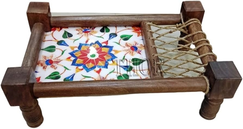 Miniature Cot Serving Tray Woven Rope Wood Toned Charpai Bohemian