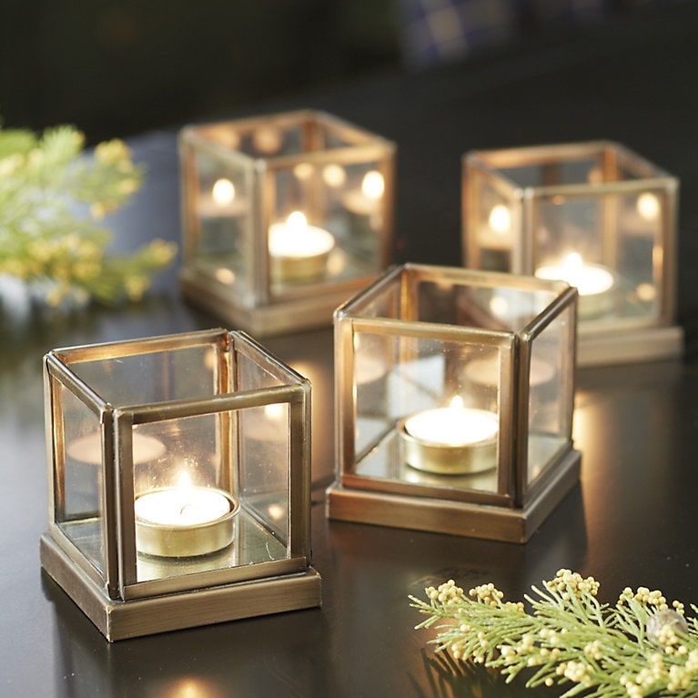 Miniature Square Lantern Tea Light Holders with Antique Brass Finish