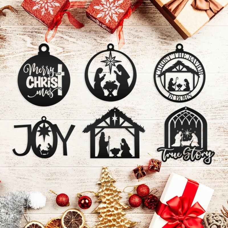 Minimalist Black Metal Nativity Ornaments Silhouette Set of 6