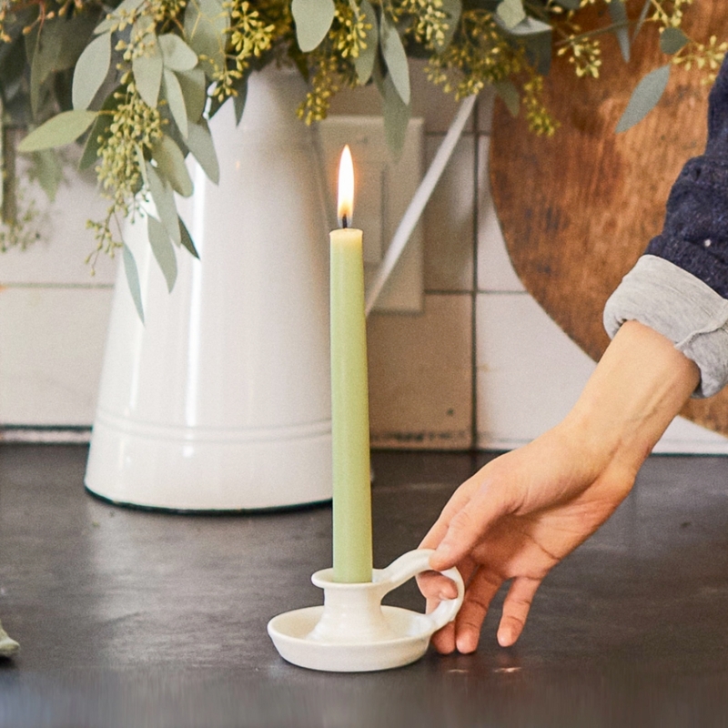 Minimalist Ceramic Taper Candle Holder White Loop Handle Saucer