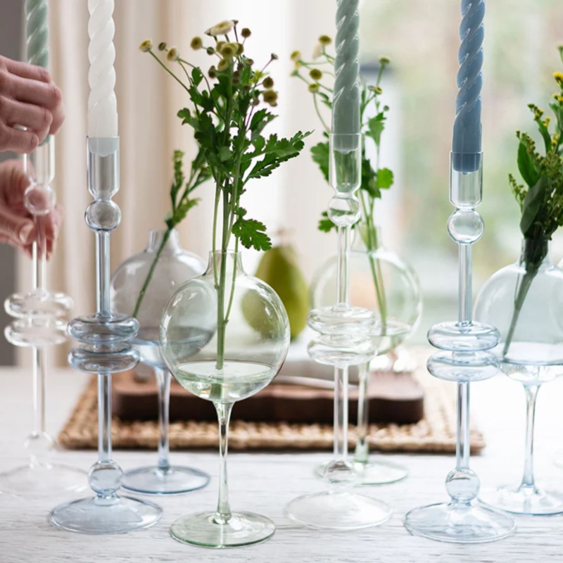 Minimalist Clear Glass Candlestick Holder Pair Disc Base Cottage Style