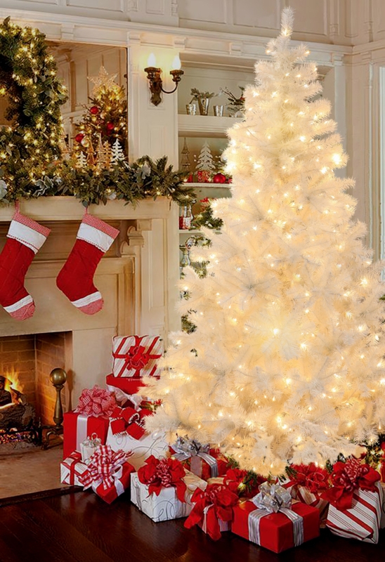 Minimalist Flocked Christmas Tree in Modern White Living Room Setting