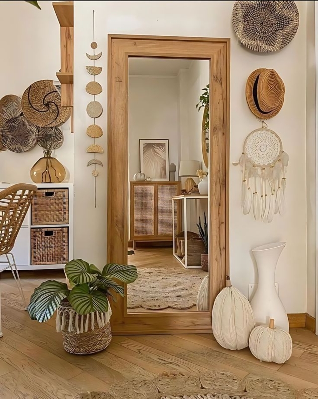 Minimalist Full Length Floor Mirror with Leaning Natural Wood Frame