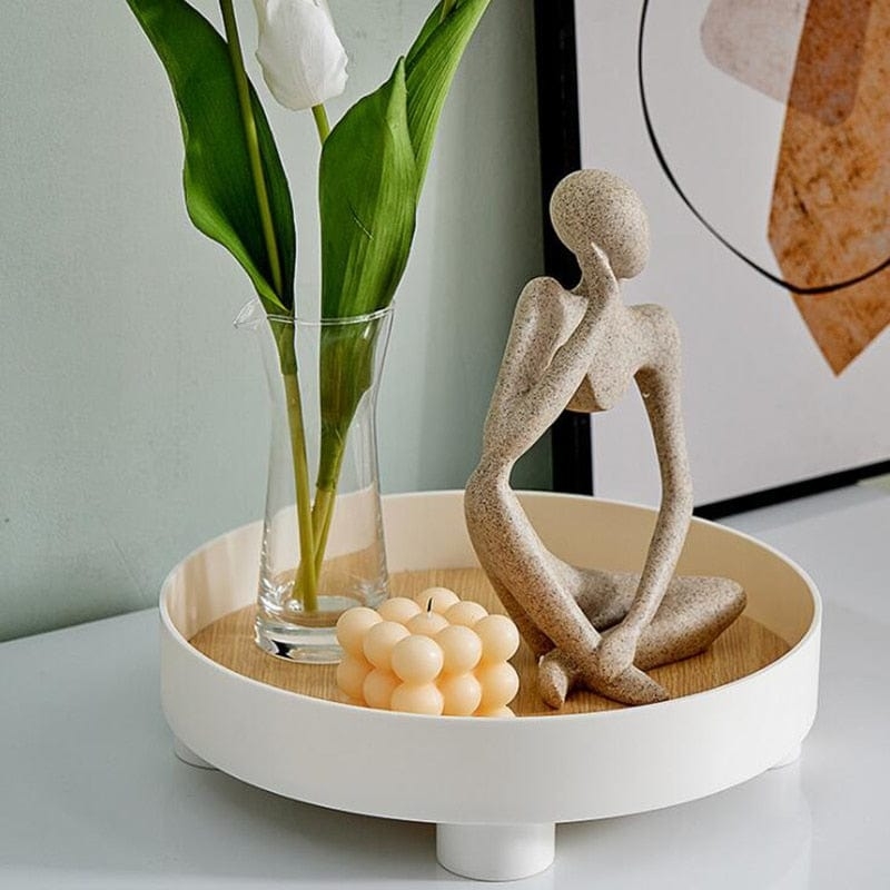 Minimalist Light Wood Tray Round Slim Matte Black Raised Handles
