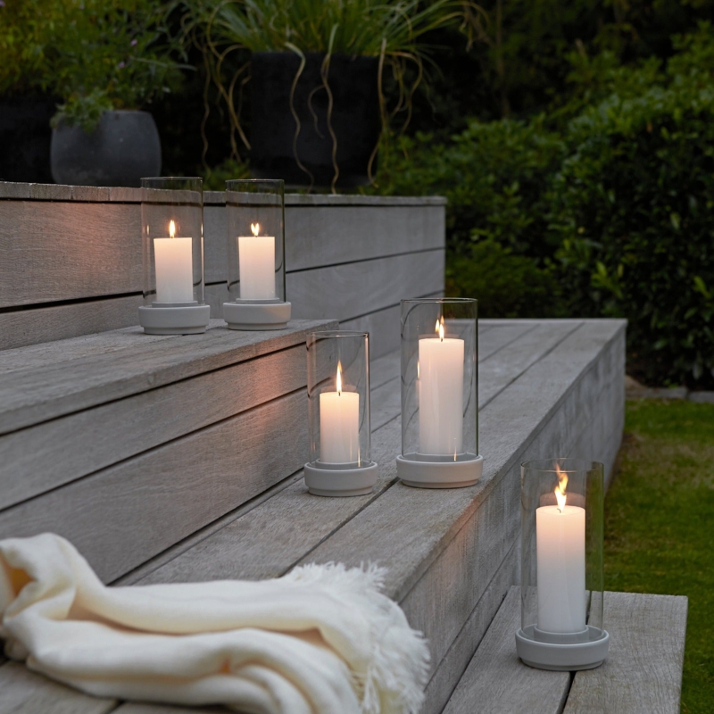 Minimalist Outdoor Hurricane with Sand Finish Base and Glass Sleeve