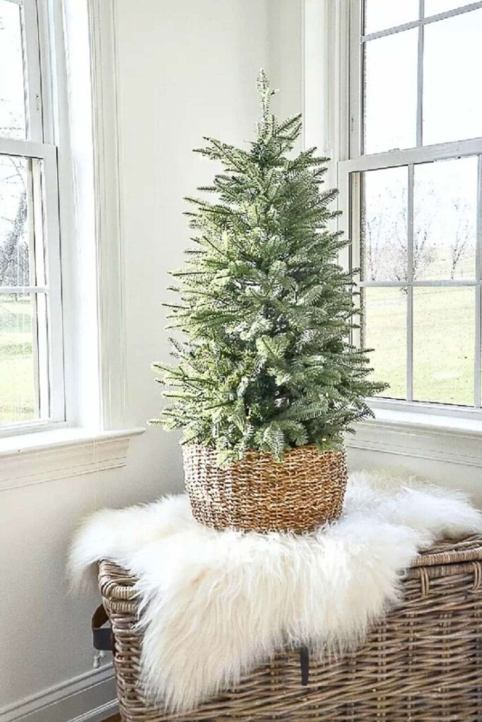Minimalist Tabletop Christmas Tree in Rustic Wooden Planter Base