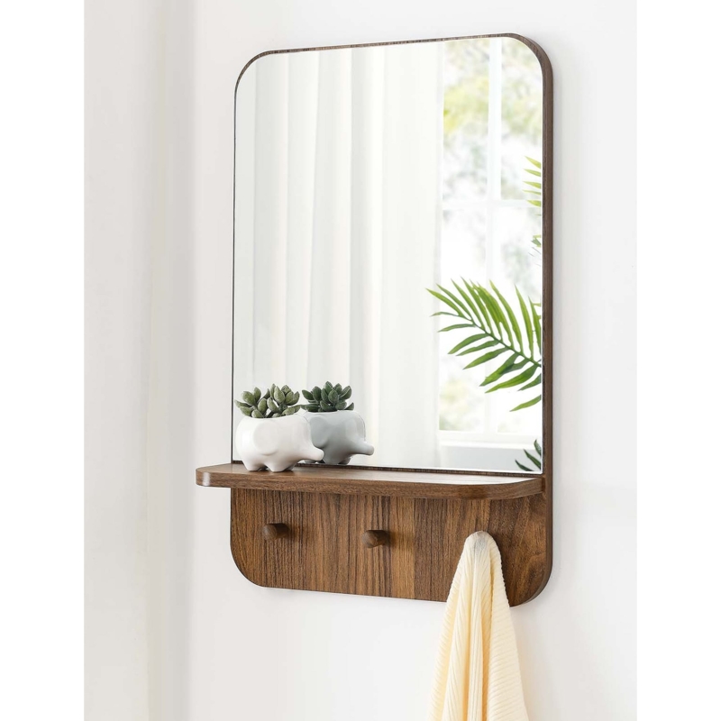 Minimalist Walnut Wood Wall Mirror with Integrated Shelf and Hooks