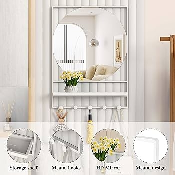 Minimalist White Metal Wall Mirror with Integrated Shelf and Hooks