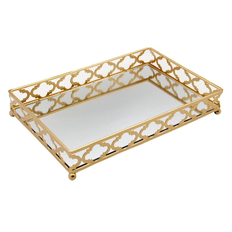 Mirror Tray Rectangular Open Fretwork Gold Finish