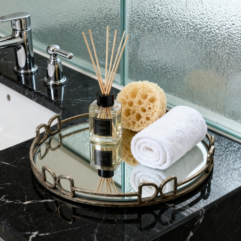 Mirror Tray Round Polished Silver Metal Rim Glam Perfume Organizer