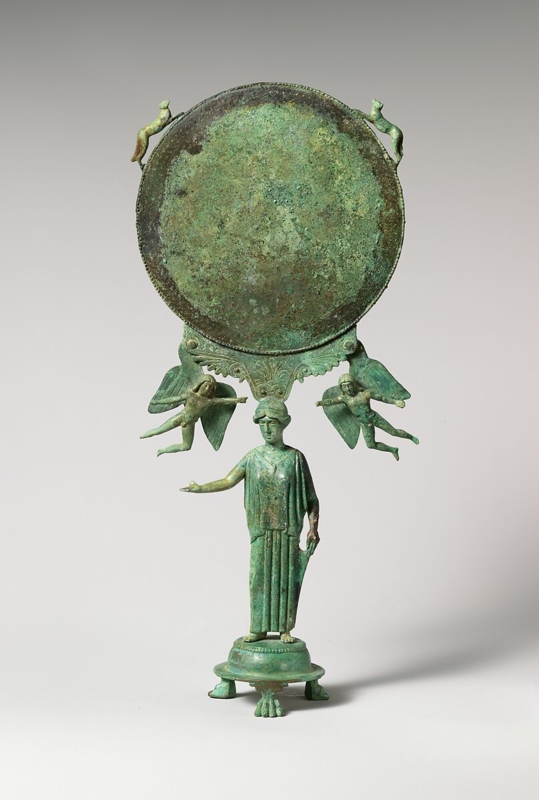 Mirror with Caryatid Support Figural Base, Classical Greek Verdigris.