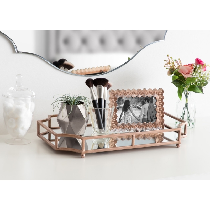 Mirrored Rectangular Tray, Quatrefoil Lattice Frame, Elegant Decor